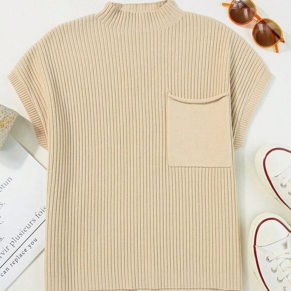 Beige Casual Women's Batwing Sleeve Knit Top With Buttoned Front - Picture 5 of 7